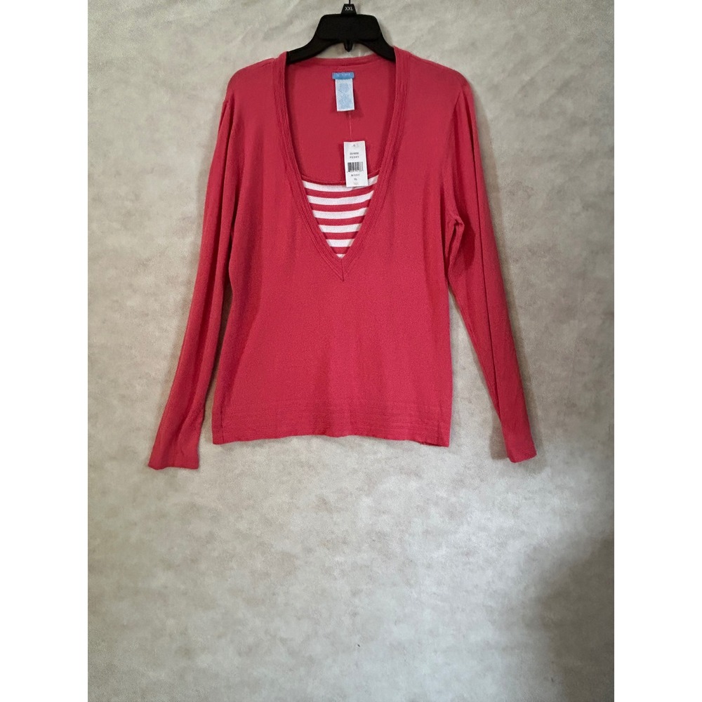 U-Knit Peony Pink Faux Layered V-Neck Sweater Long Sleeve Striped Inset XL